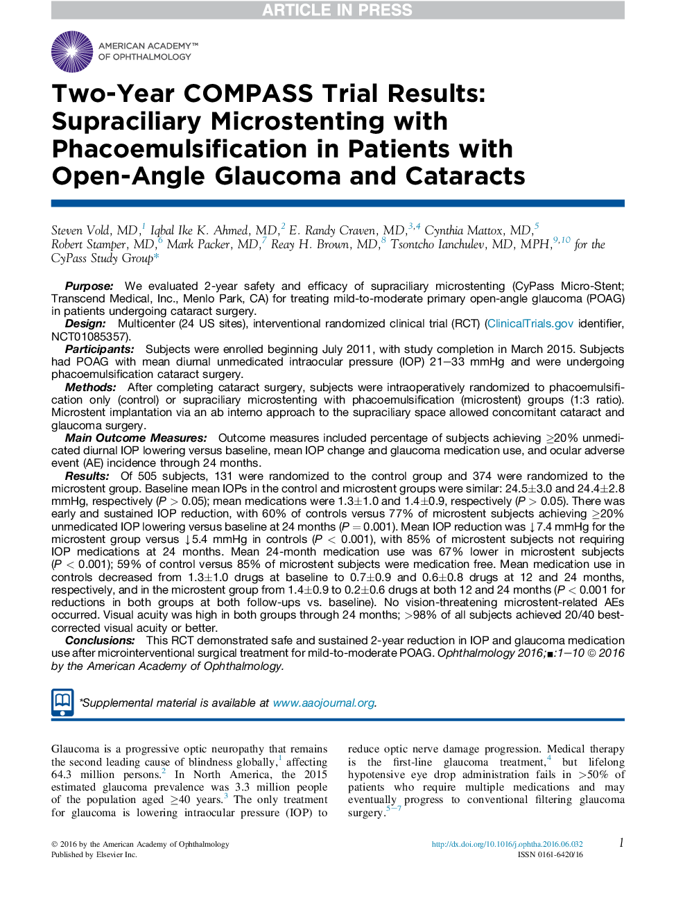 Two-Year COMPASS Trial Results: Supraciliary Microstenting with Phacoemulsification in Patients with Open-Angle Glaucoma and Cataracts