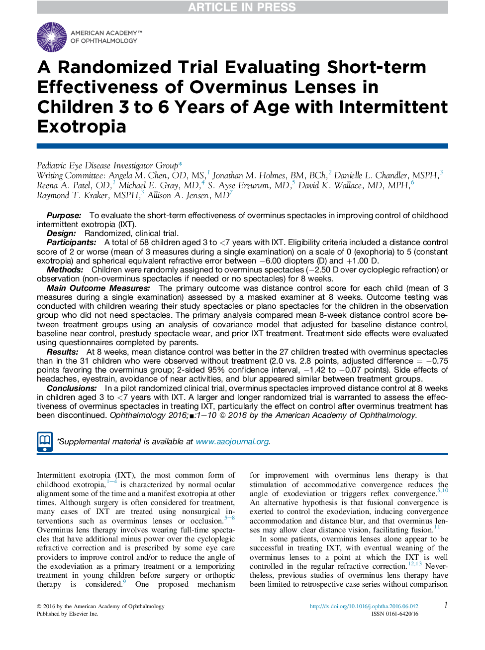 A Randomized Trial Evaluating Short-term Effectiveness of Overminus Lenses in Children 3 to 6 Years of Age with Intermittent Exotropia