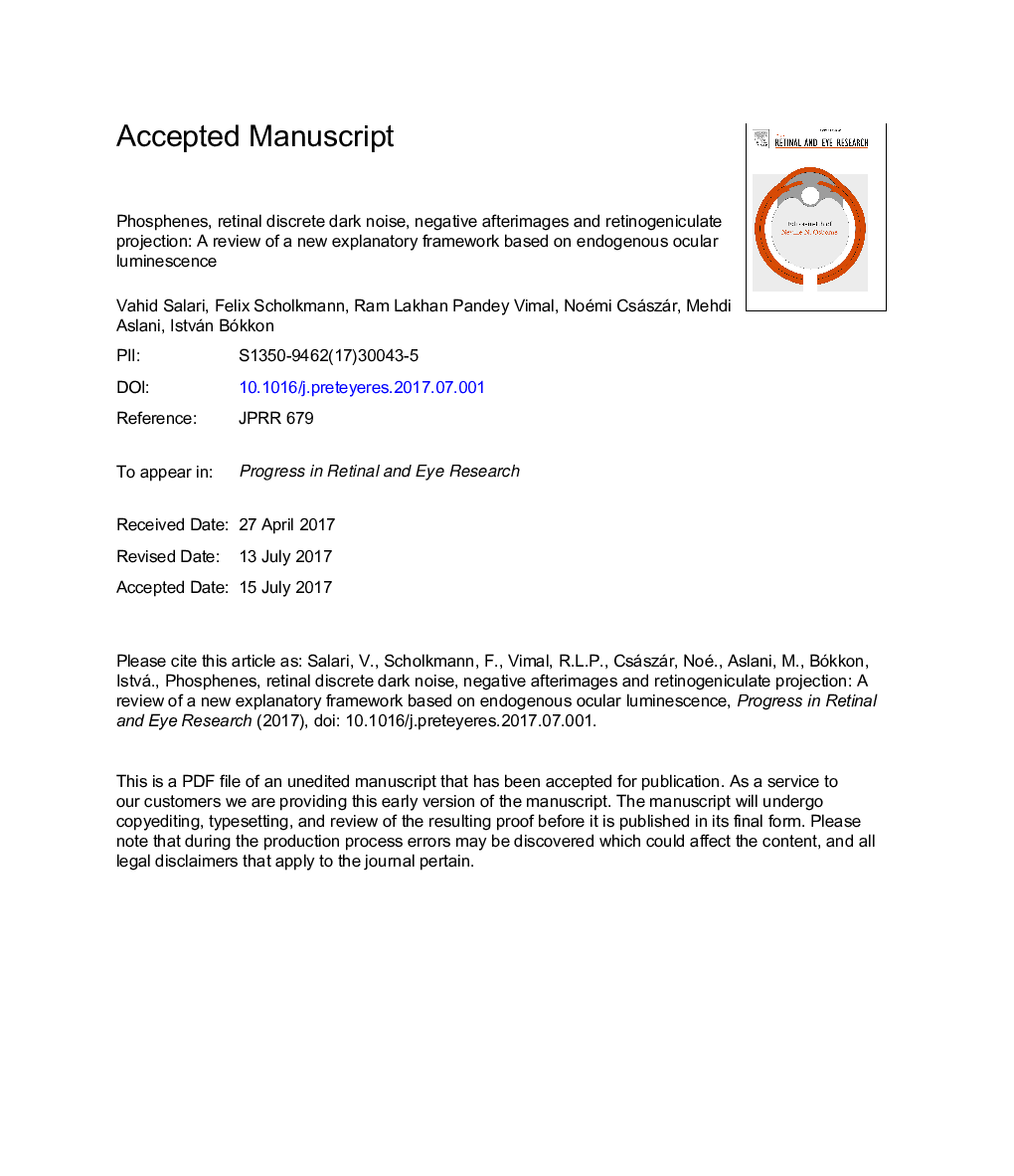 Phosphenes, retinal discrete dark noise, negative afterimages and retinogeniculate projections: A new explanatory framework based on endogenous ocular luminescence