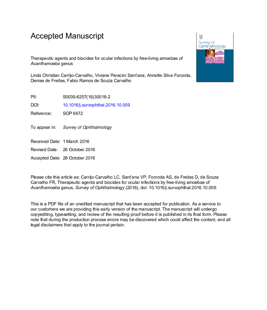 Therapeutic agents and biocides for ocular infections by free-living amoebae of Acanthamoeba genus