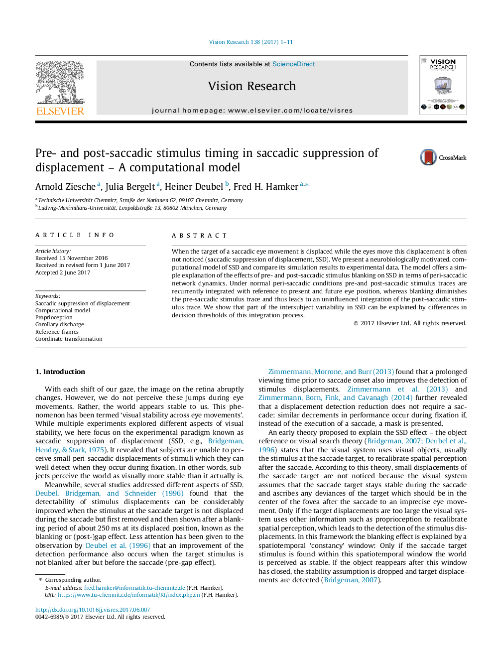 Pre- and post-saccadic stimulus timing in saccadic suppression of displacement - A computational model