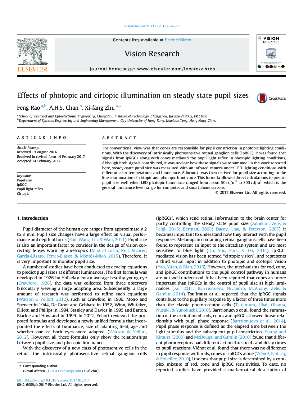 Effects of photopic and cirtopic illumination on steady state pupil sizes