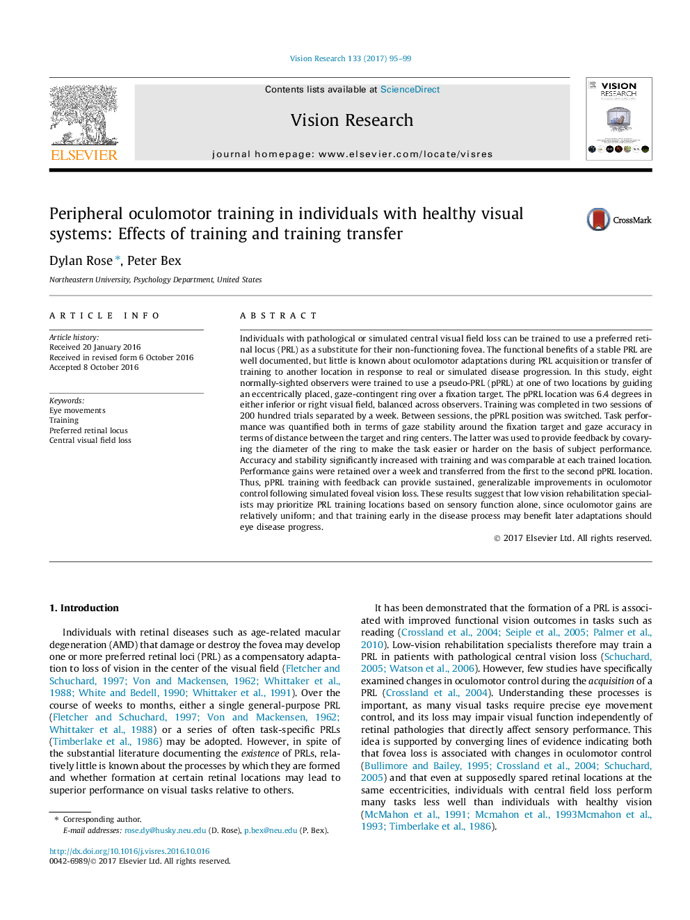 Peripheral oculomotor training in individuals with healthy visual systems: Effects of training and training transfer