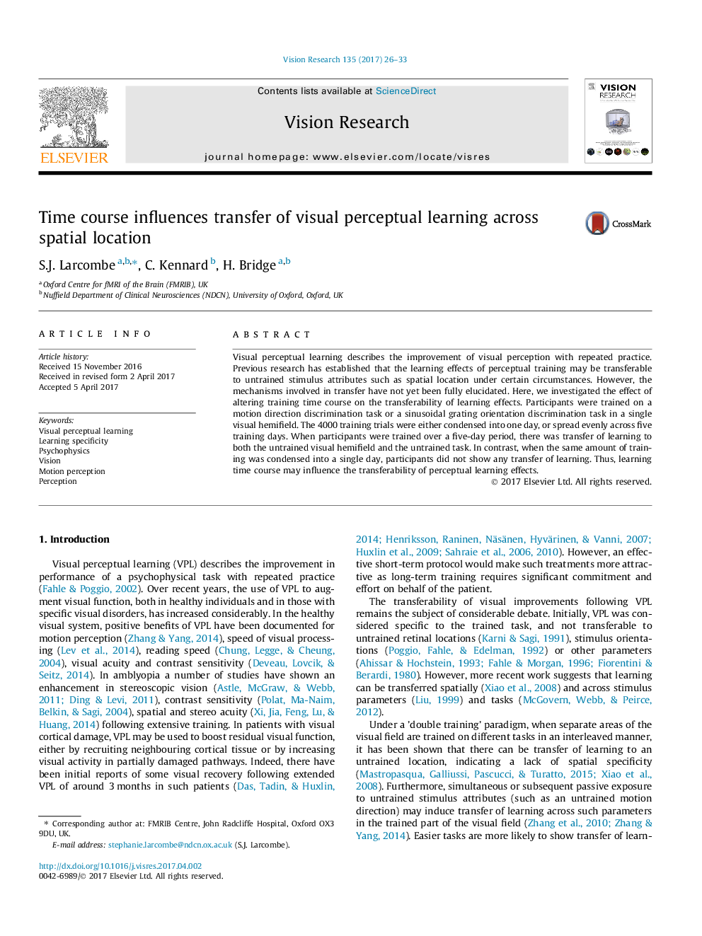 Time course influences transfer of visual perceptual learning across spatial location