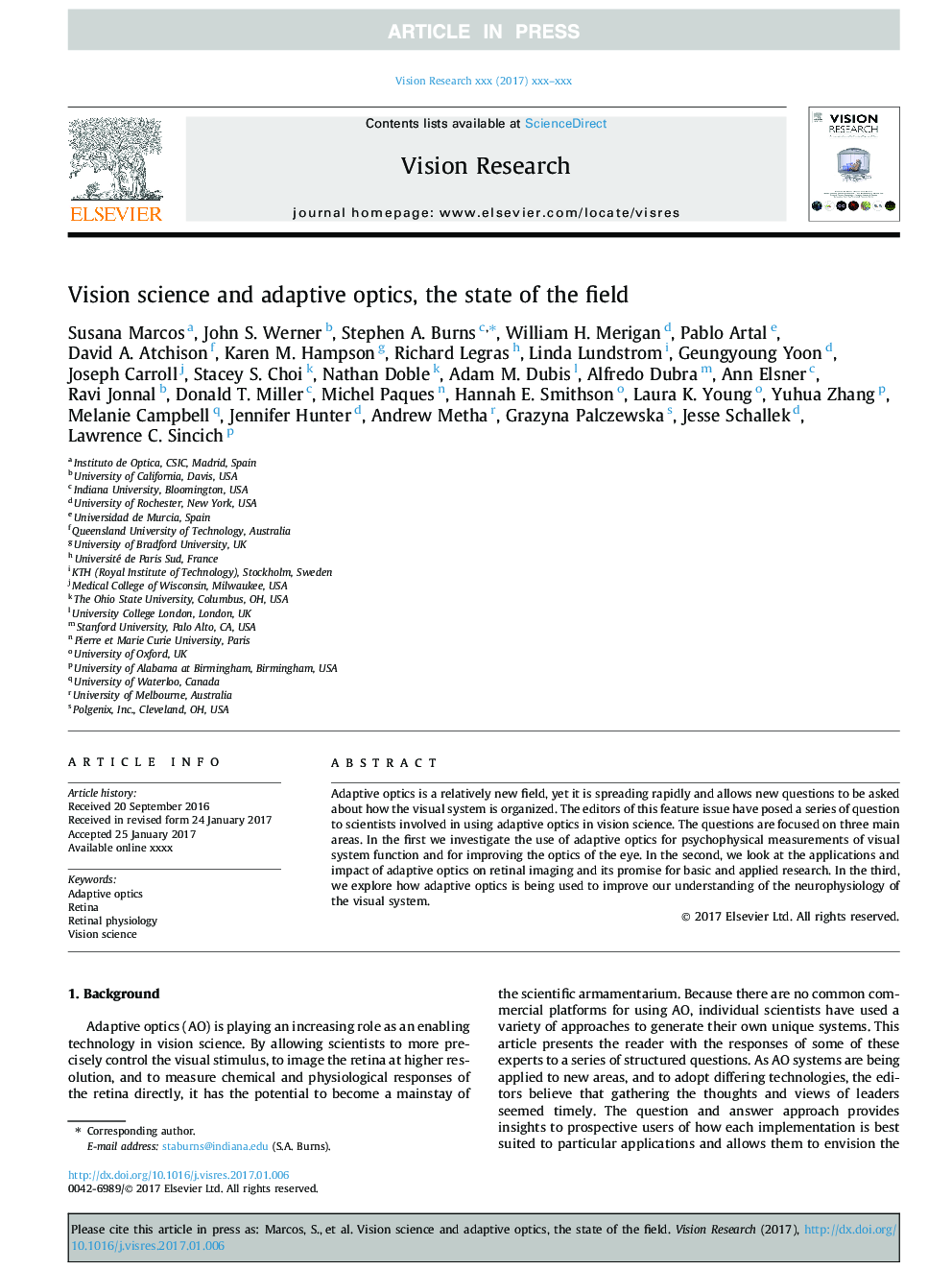 Vision science and adaptive optics, the state of the field