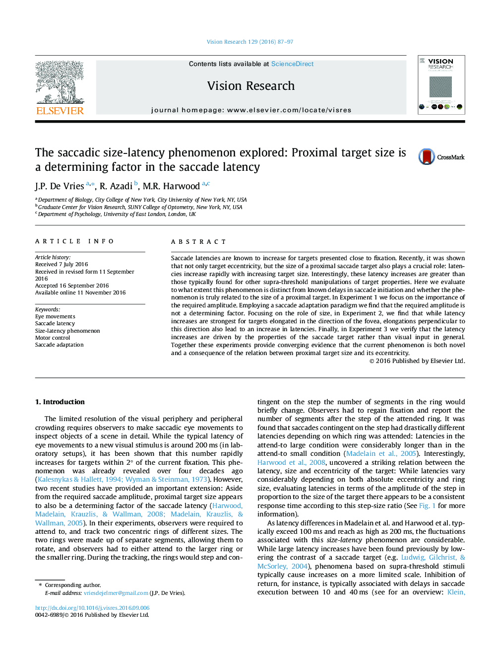 The saccadic size-latency phenomenon explored: Proximal target size is a determining factor in the saccade latency