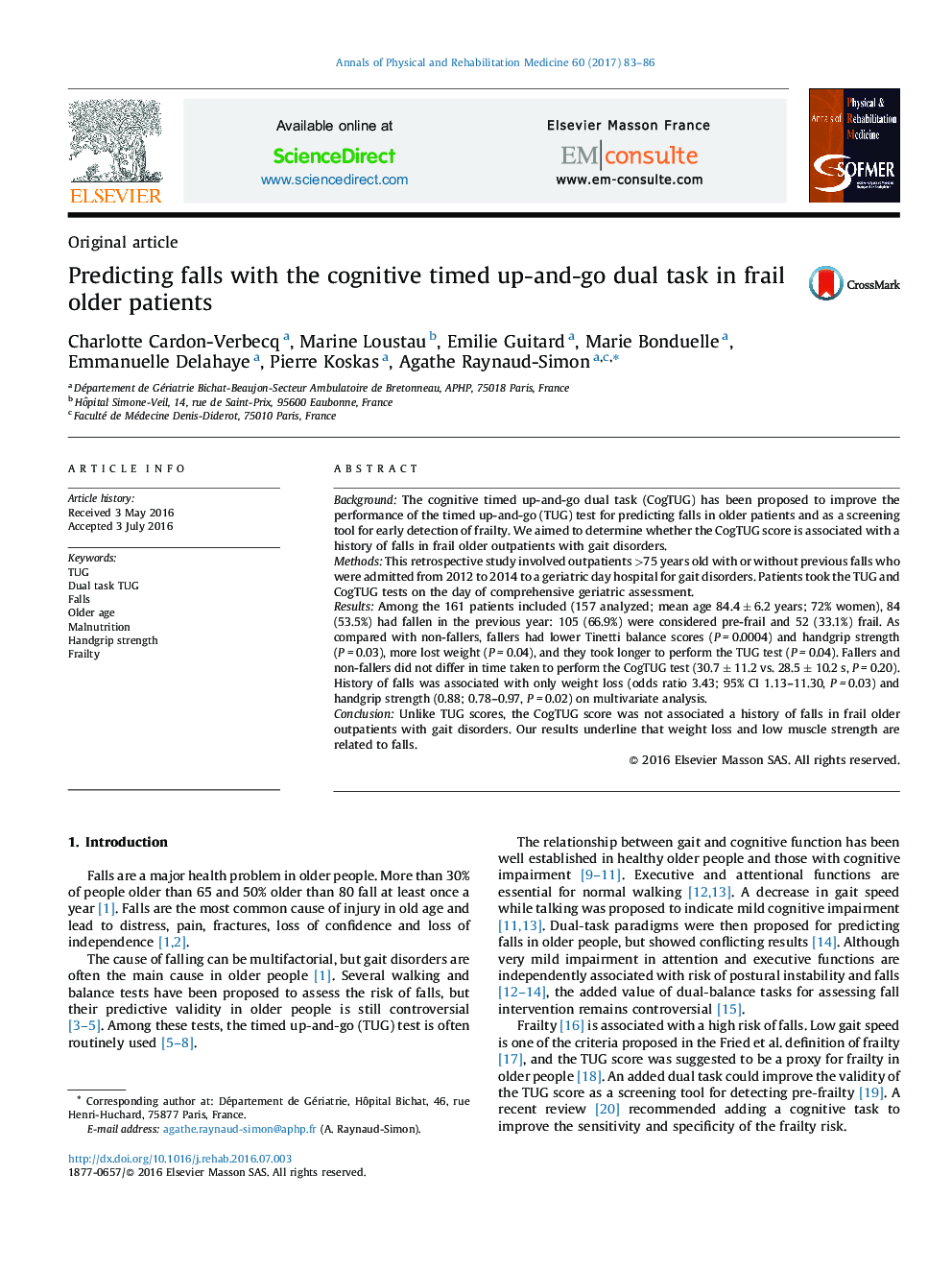 Predicting falls with the cognitive timed up-and-go dual task in frail older patients