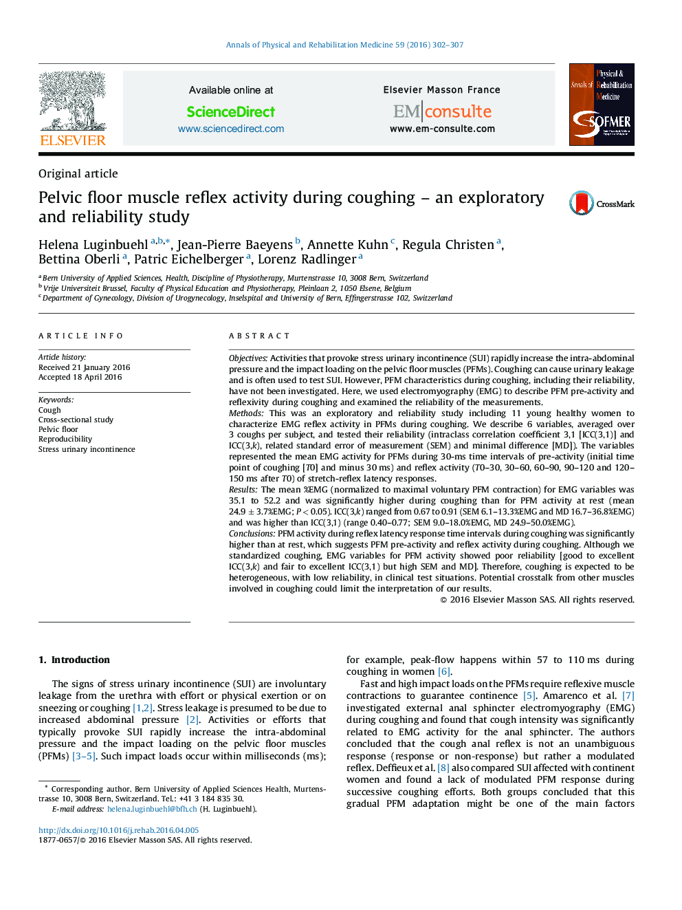 عکس صفحه اول مقاله: Pelvic floor muscle reflex activity during coughing - an exploratory and reliability study Pelvic floor muscle reflex activity during coughing - an exploratory and reliability study
