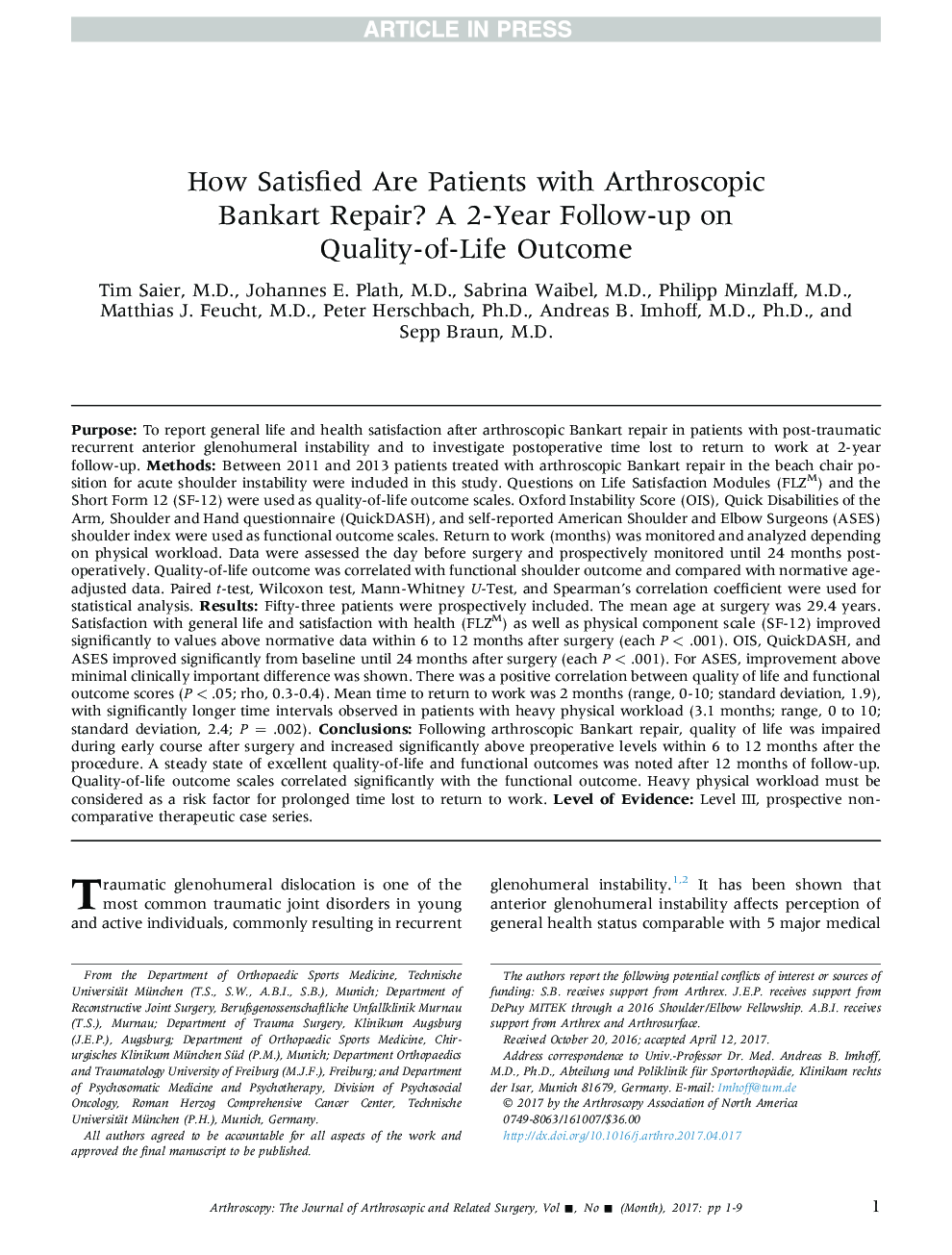 How Satisfied Are Patients with Arthroscopic Bankart Repair? A 2-Year Follow-up on Quality-of-Life Outcome