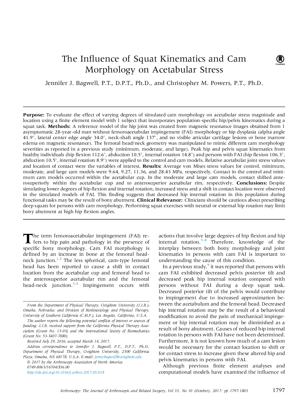 The Influence of Squat Kinematics and Cam Morphology on Acetabular Stress