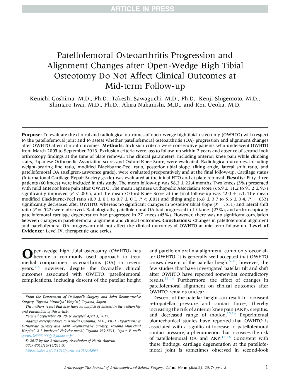 Patellofemoral Osteoarthritis Progression and Alignment Changes after Open-Wedge High Tibial Osteotomy Do Not Affect Clinical Outcomes at Mid-term Follow-up