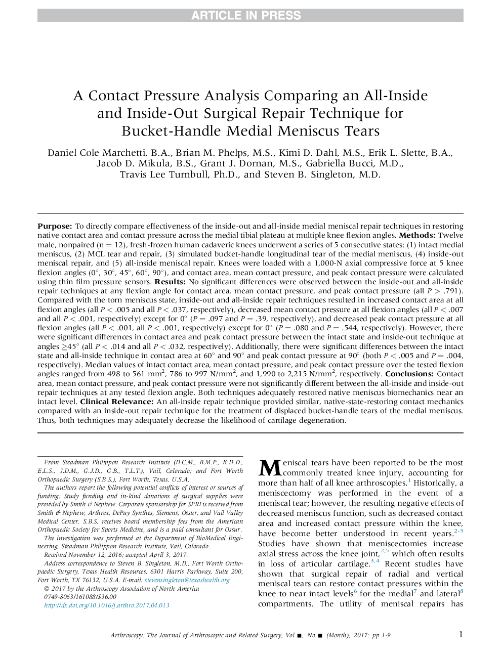 A Contact Pressure Analysis Comparing an All-Inside and Inside-Out Surgical Repair Technique for Bucket-Handle Medial Meniscus Tears