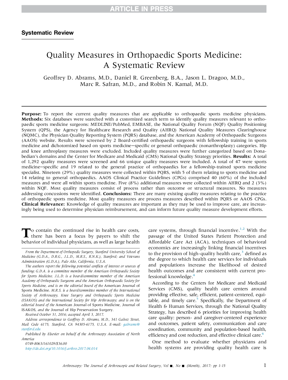 Quality Measures in Orthopaedic Sports Medicine: AÂ Systematic Review