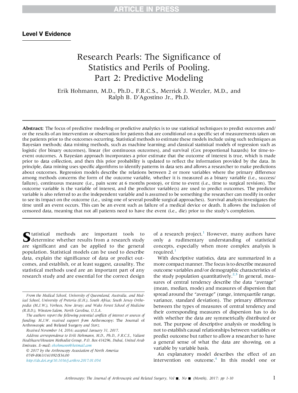 Research Pearls: The Significance of Statistics and Perils of Pooling. Part 2: Predictive Modeling