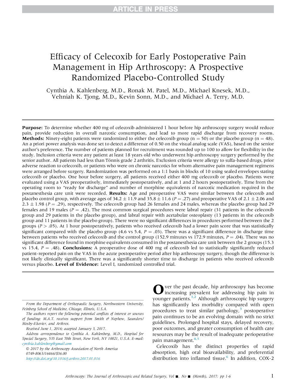 Efficacy of Celecoxib for Early Postoperative Pain Management in Hip Arthroscopy: A Prospective Randomized Placebo-Controlled Study