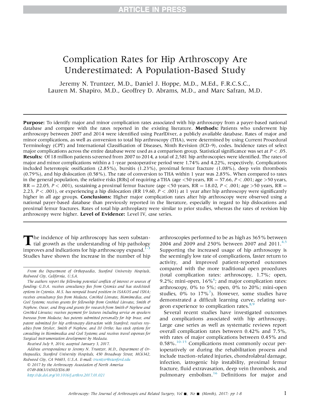 Complication Rates for Hip Arthroscopy Are Underestimated: A Population-Based Study