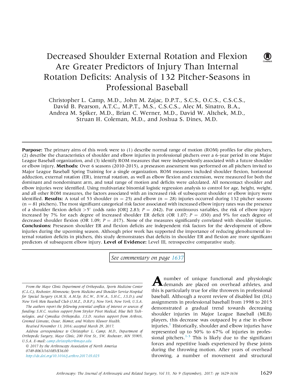 Decreased Shoulder External Rotation and Flexion Are Greater Predictors of Injury Than Internal Rotation Deficits: Analysis of 132 Pitcher-Seasons in Professional Baseball