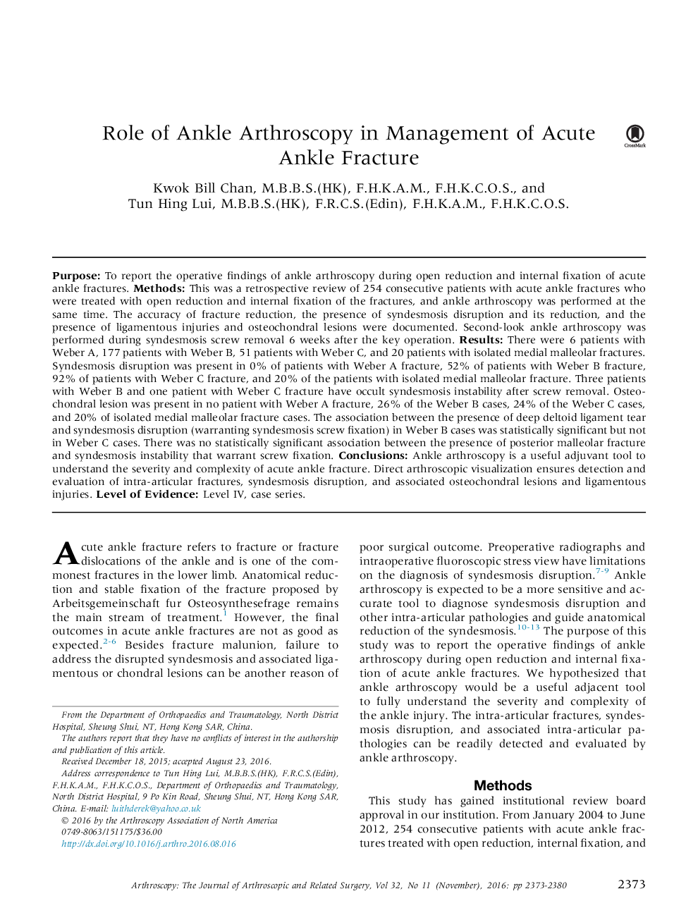 Role of Ankle Arthroscopy in Management of Acute Ankle Fracture