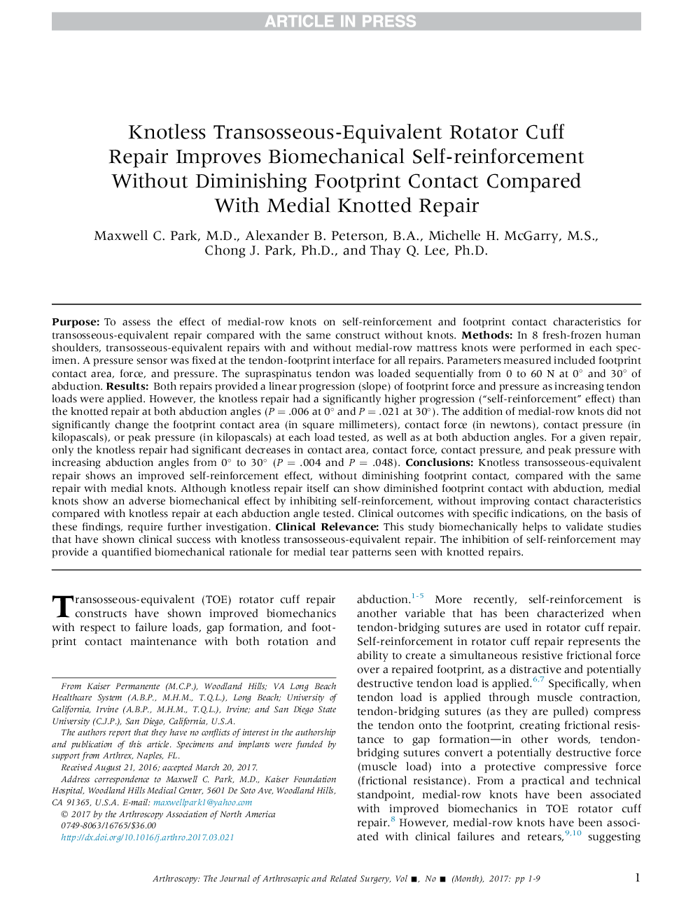 Knotless Transosseous-Equivalent Rotator Cuff Repair Improves Biomechanical Self-reinforcement Without Diminishing Footprint Contact Compared With Medial Knotted Repair