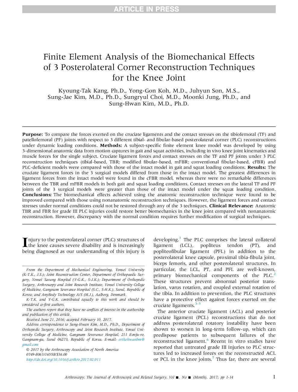 Finite Element Analysis of the Biomechanical Effects of 3 Posterolateral Corner Reconstruction Techniques for the Knee Joint