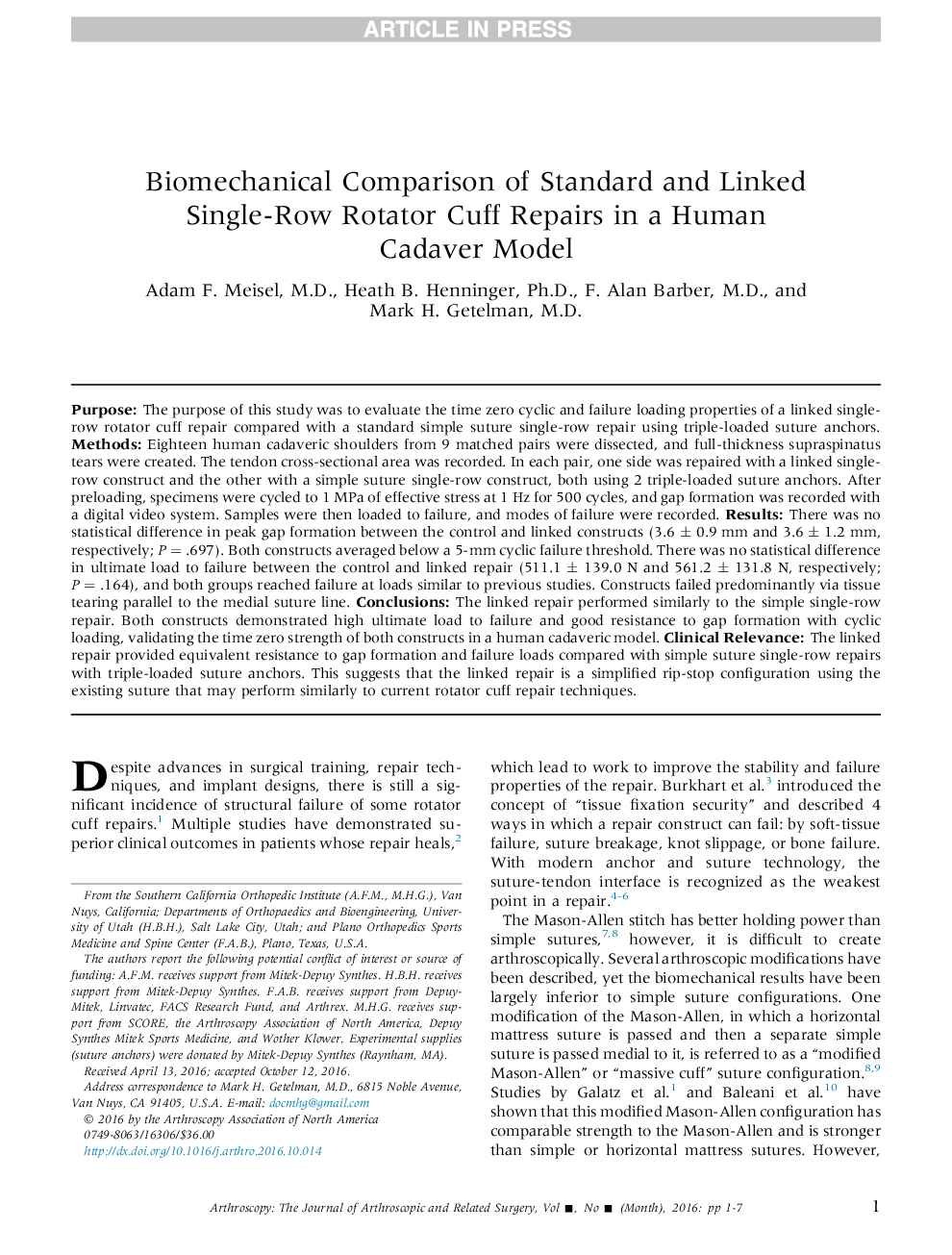 Biomechanical Comparison of Standard and Linked Single-Row Rotator Cuff Repairs in a Human Cadaver Model