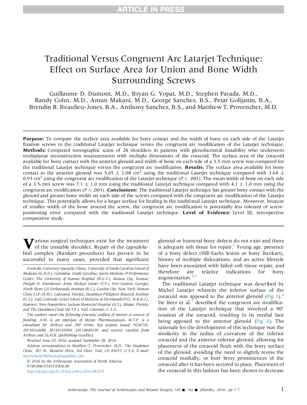 Traditional Versus Congruent Arc Latarjet Technique: Effect on Surface Area for Union and Bone Width Surrounding Screws