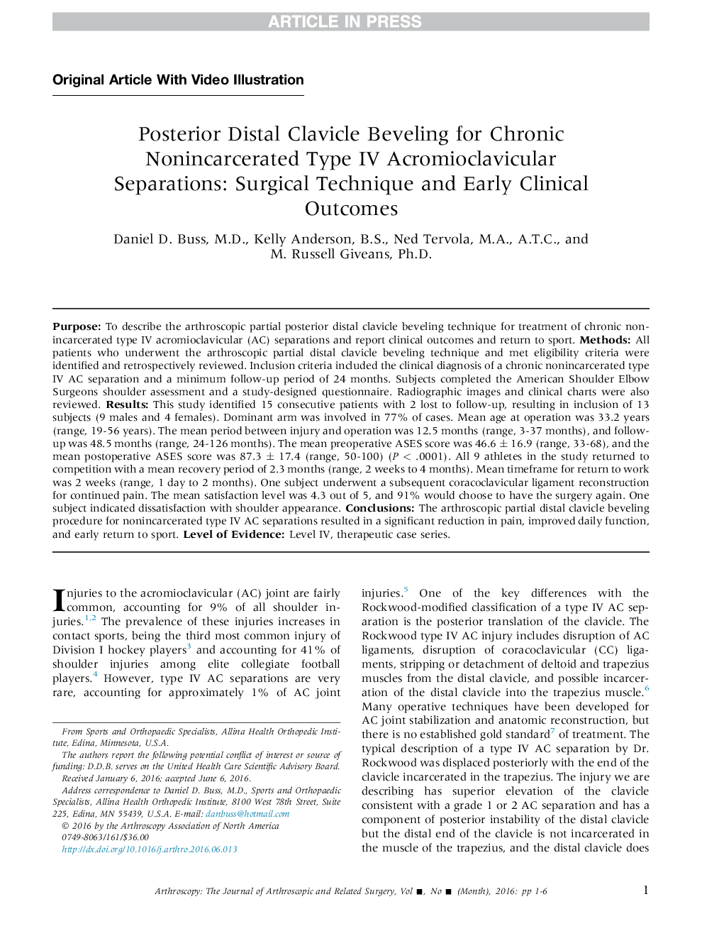 Posterior Distal Clavicle Beveling for Chronic Nonincarcerated Type IV Acromioclavicular Separations: Surgical Technique and Early Clinical Outcomes