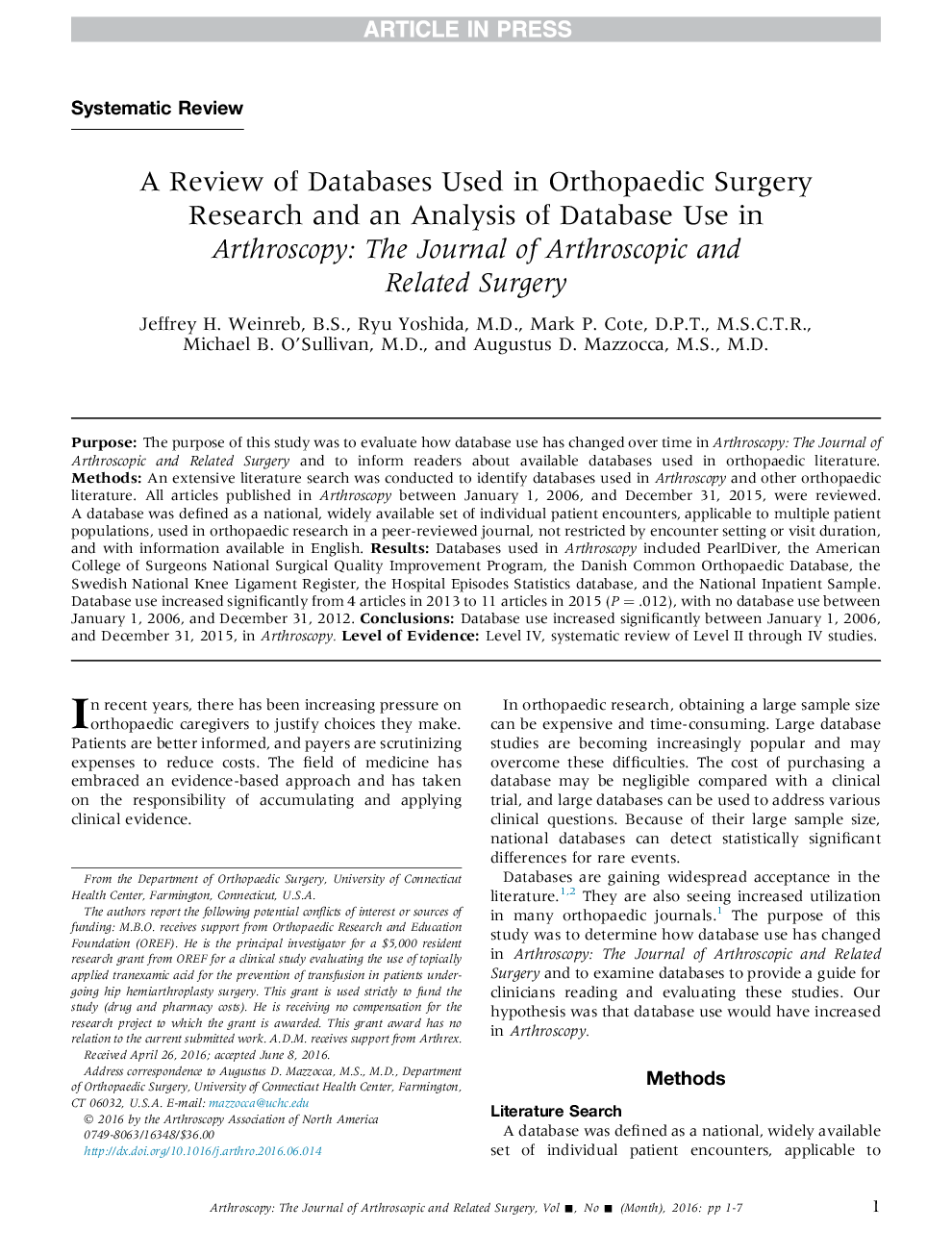 بررسی پایگاه های مورد استفاده در تحقیقات جراحی ارتوپدی و بررسی استفاده از پایگاه داده در آرتروسکوپی: مجله جراحی آرتروسکوپی و مرتبط 