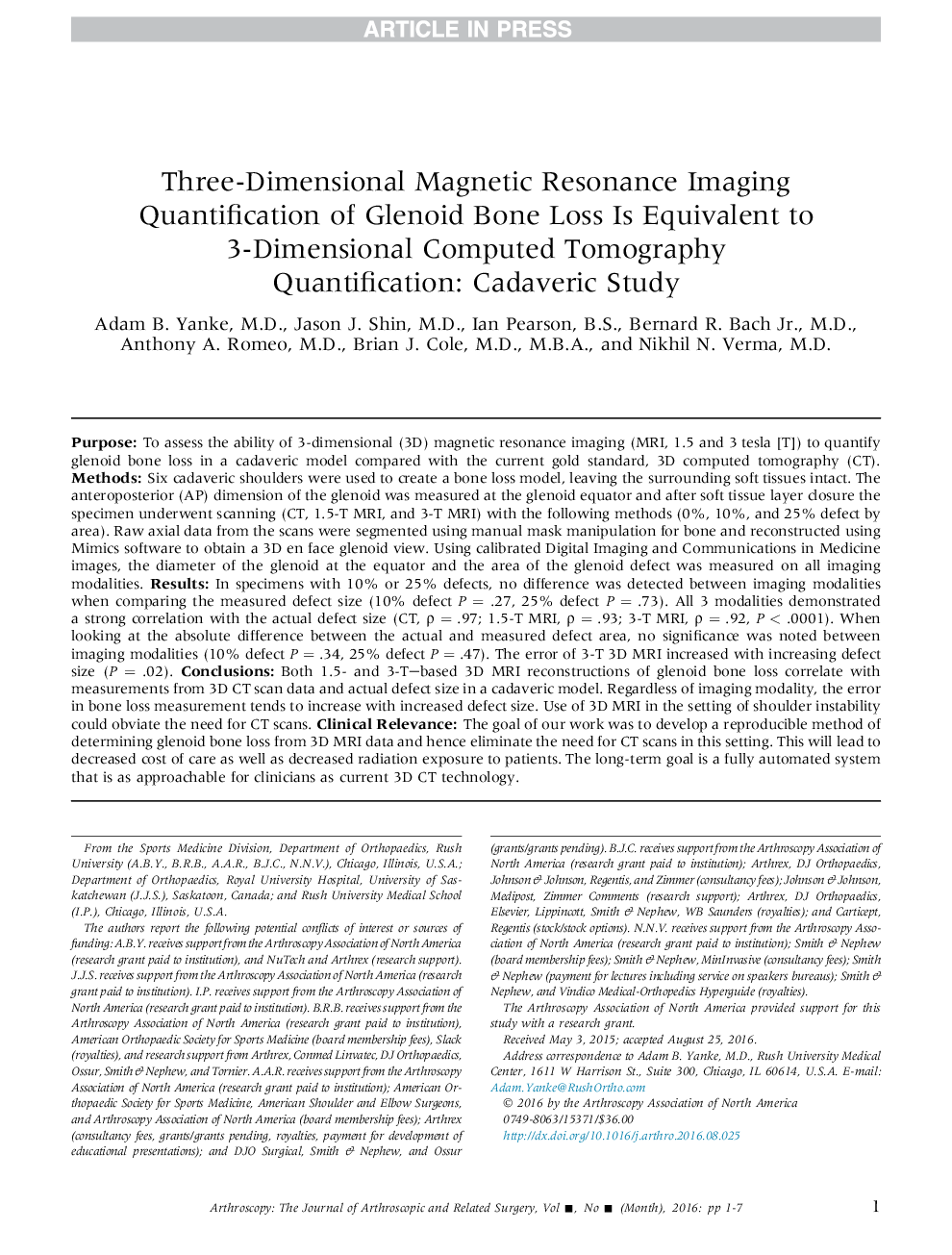 Three-Dimensional Magnetic Resonance Imaging Quantification of Glenoid Bone Loss Is Equivalent to 3-Dimensional Computed Tomography Quantification: Cadaveric Study