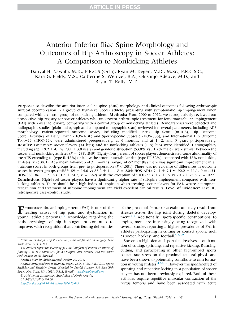 Anterior Inferior Iliac Spine Morphology and Outcomes of Hip Arthroscopy in Soccer Athletes: AÂ Comparison to Nonkicking Athletes