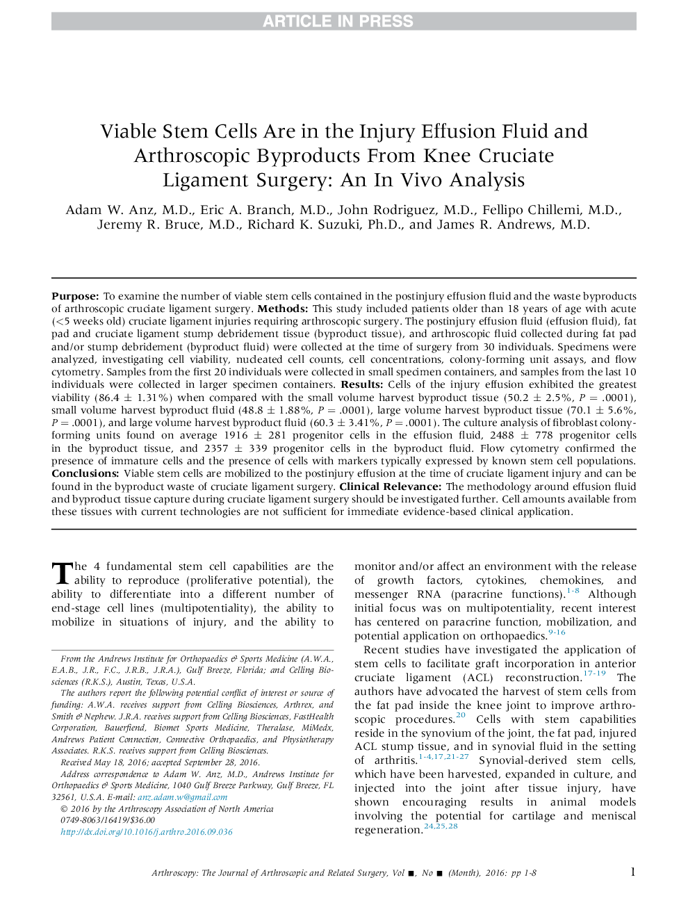 Viable Stem Cells Are in the Injury Effusion Fluid and Arthroscopic Byproducts From Knee Cruciate Ligament Surgery: An InÂ Vivo Analysis