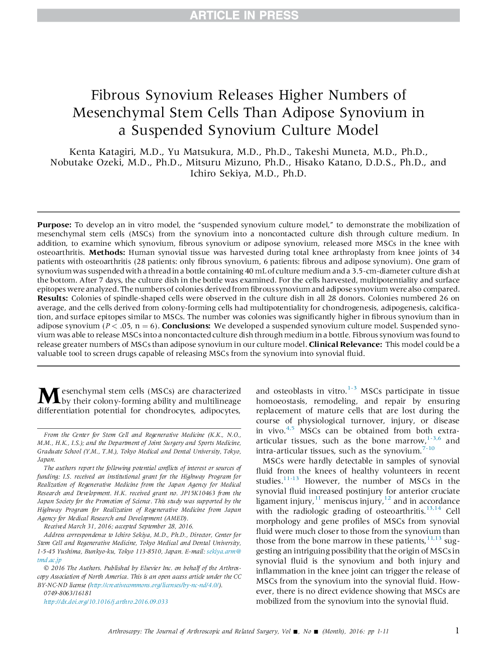 Fibrous Synovium Releases Higher Numbers of Mesenchymal Stem Cells Than Adipose Synovium in a Suspended Synovium Culture Model