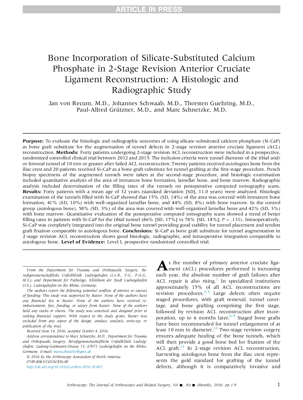 Bone Incorporation of Silicate-Substituted Calcium Phosphate in 2-Stage Revision Anterior Cruciate Ligament Reconstruction: A Histologic and Radiographic Study