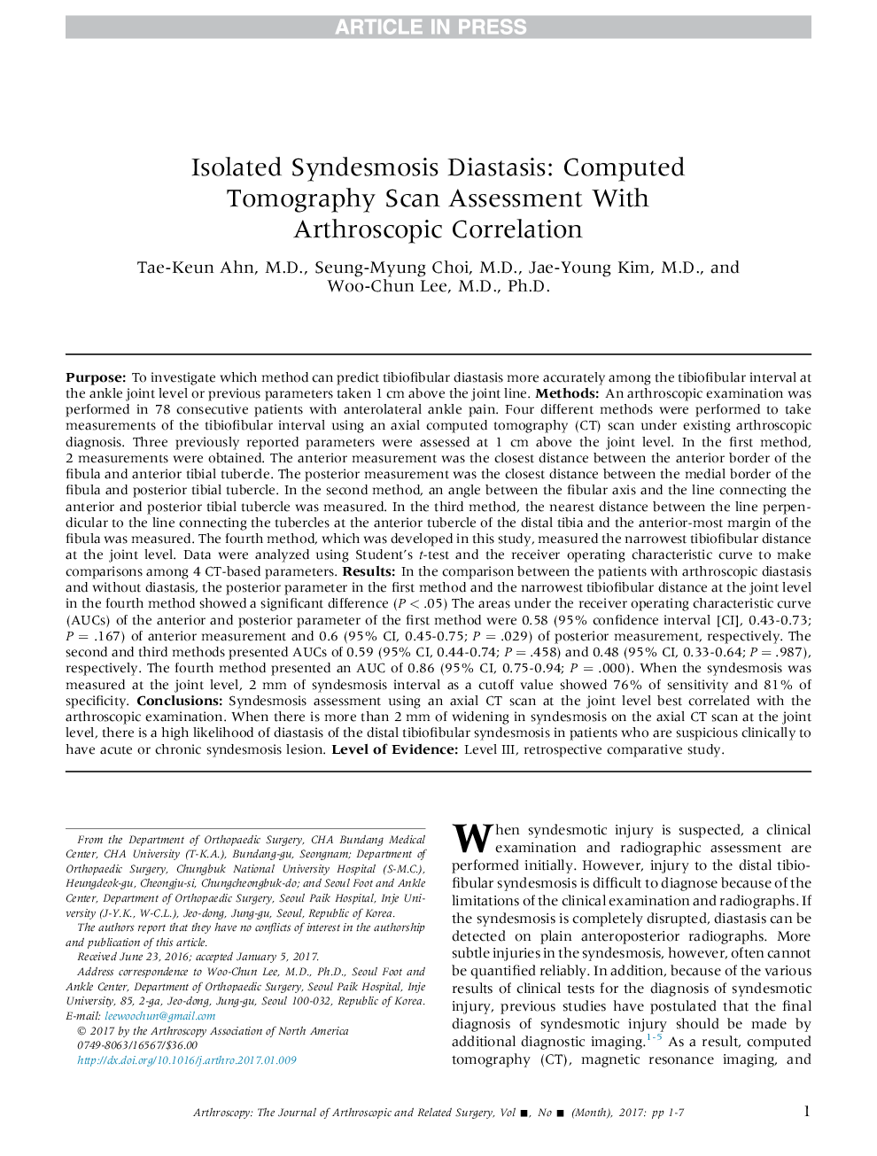 Isolated Syndesmosis Diastasis: Computed Tomography Scan Assessment With Arthroscopic Correlation