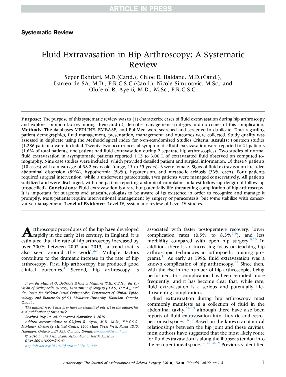 Fluid Extravasation in Hip Arthroscopy: A Systematic Review