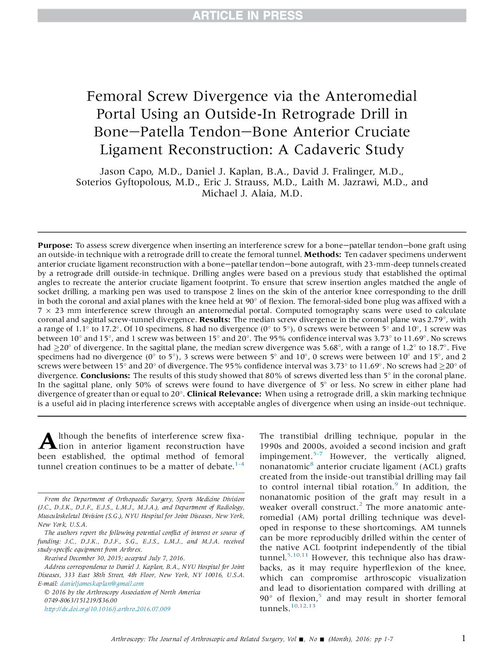 Femoral Screw Divergence via the Anteromedial Portal Using an Outside-In Retrograde Drill in Bone-Patella Tendon-Bone Anterior Cruciate Ligament Reconstruction: A Cadaveric Study