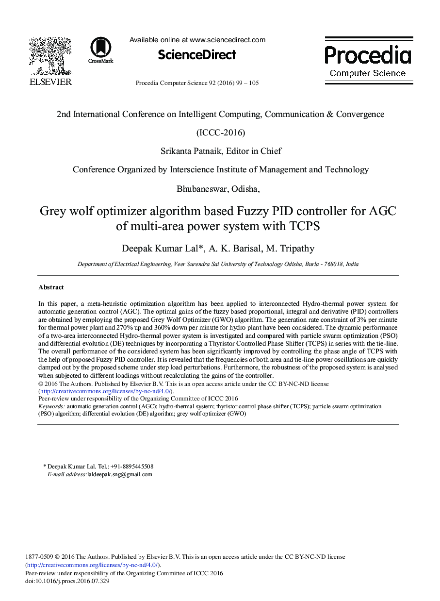 Grey Wolf Optimizer Algorithm Based Fuzzy PID Controller for AGC of Multi-area Power System with TCPS 