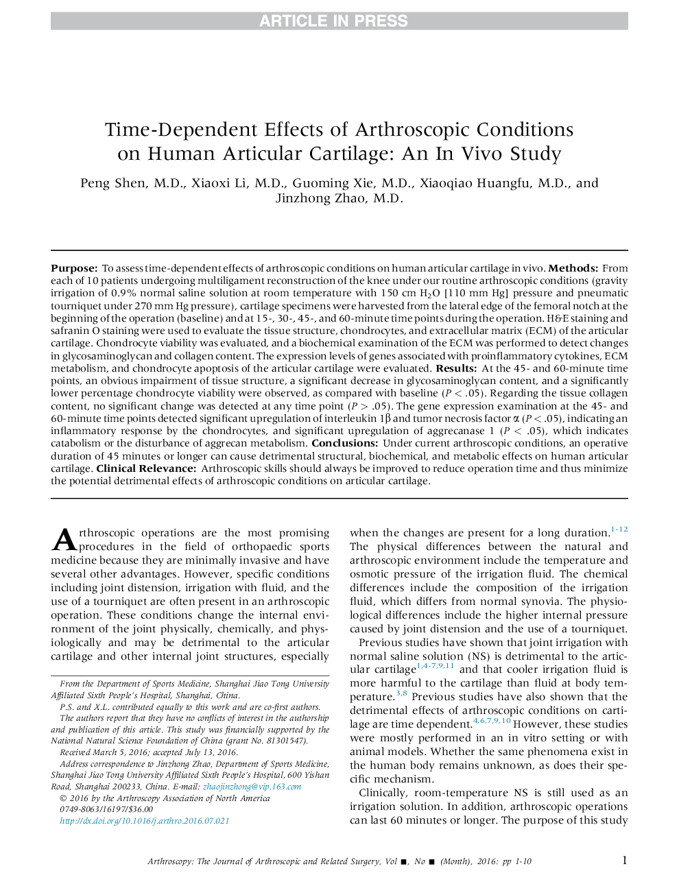 Time-Dependent Effects of Arthroscopic Conditions on Human Articular Cartilage: An InÂ Vivo Study