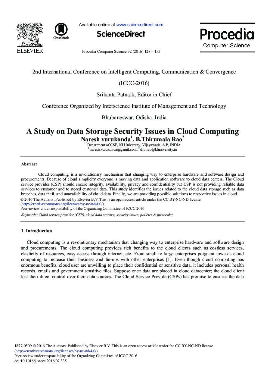 A Study on Data Storage Security Issues in Cloud Computing 