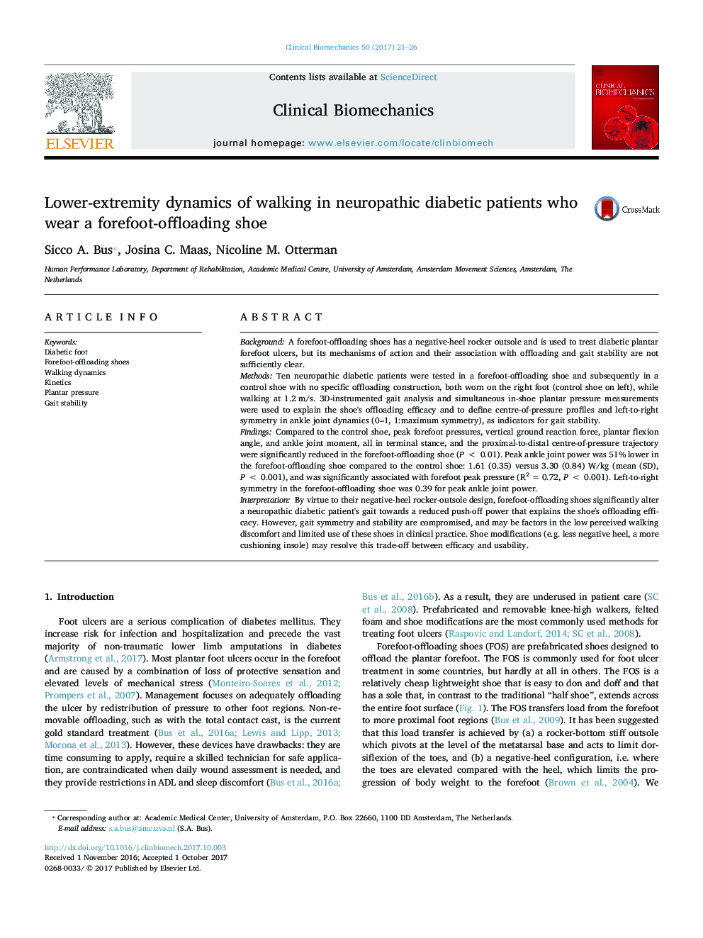 Lower-extremity dynamics of walking in neuropathic diabetic patients who wear a forefoot-offloading shoe