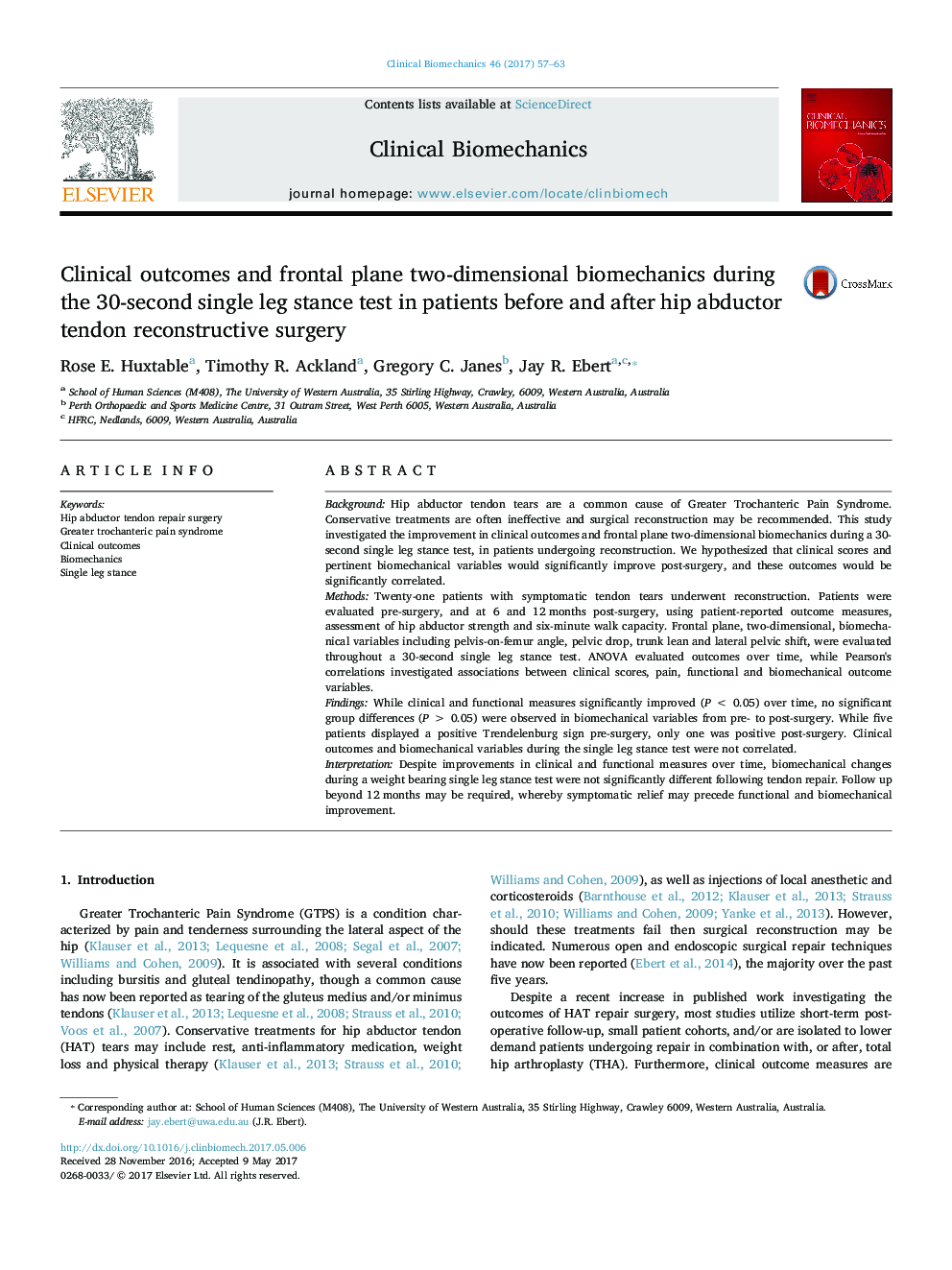 Clinical outcomes and frontal plane two-dimensional biomechanics during the 30-second single leg stance test in patients before and after hip abductor tendon reconstructive surgery