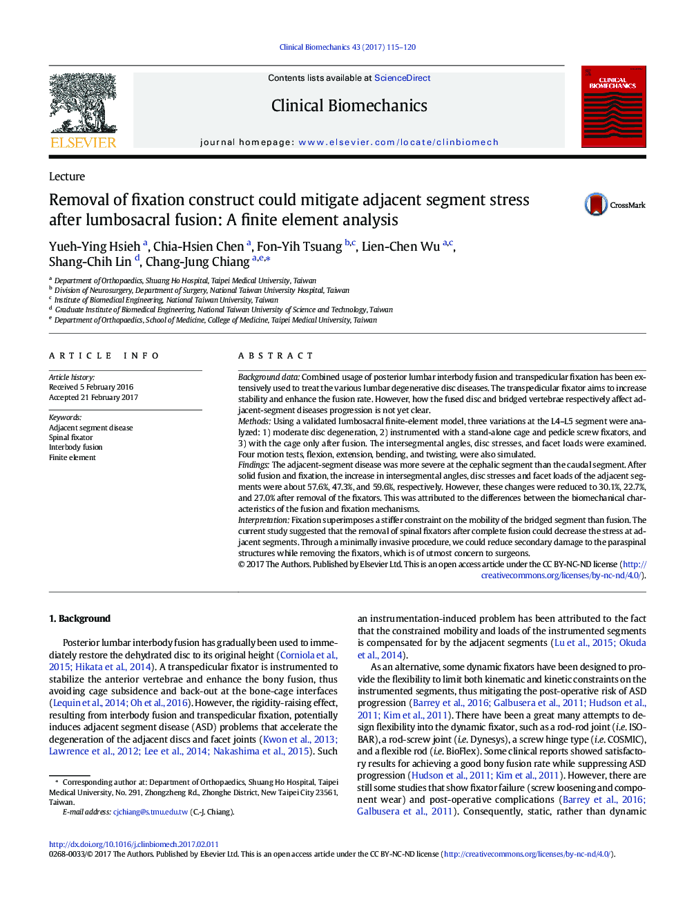 Removal of fixation construct could mitigate adjacent segment stress after lumbosacral fusion: A finite element analysis