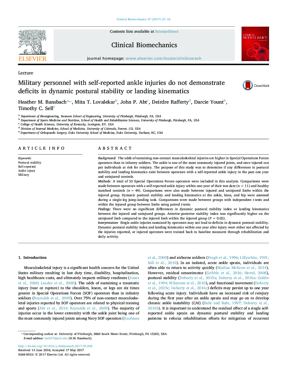 Military personnel with self-reported ankle injuries do not demonstrate deficits in dynamic postural stability or landing kinematics