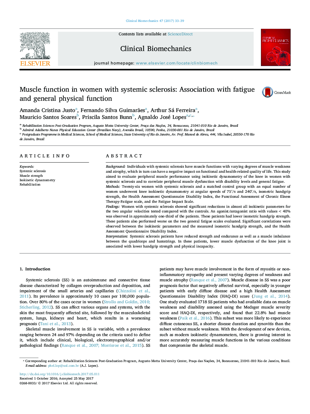عملکرد عضلانی در زنان مبتلا به اسکلروز سیستمیک: ارتباط با خستگی و عملکرد فیزیکی عمومی 
