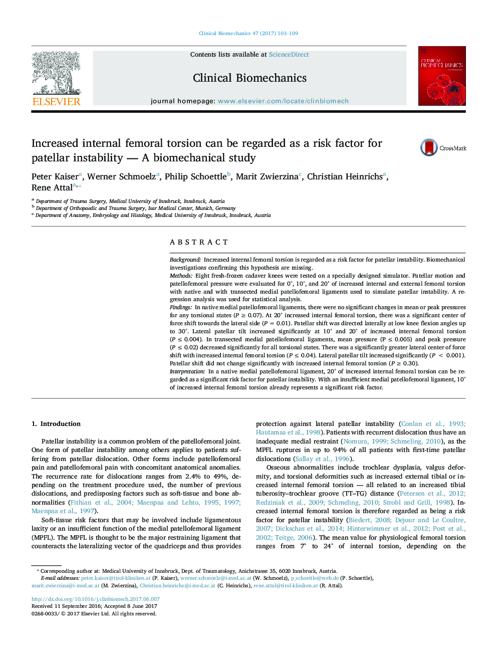 Increased internal femoral torsion can be regarded as a risk factor for patellar instability - A biomechanical study