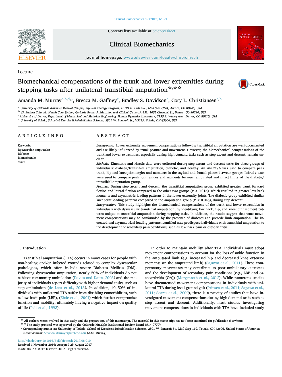 Biomechanical compensations of the trunk and lower extremities during stepping tasks after unilateral transtibial amputation