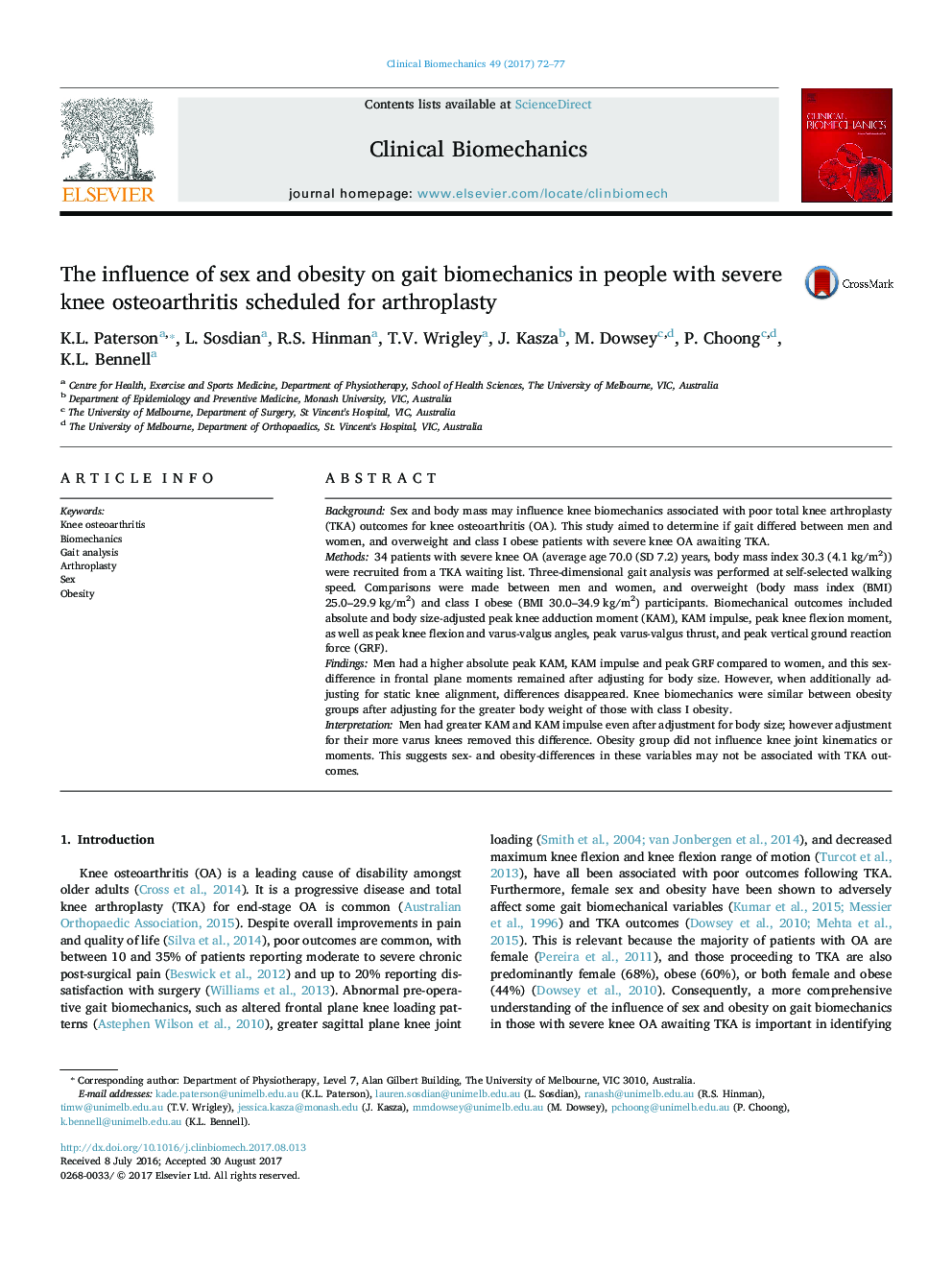 The influence of sex and obesity on gait biomechanics in people with severe knee osteoarthritis scheduled for arthroplasty