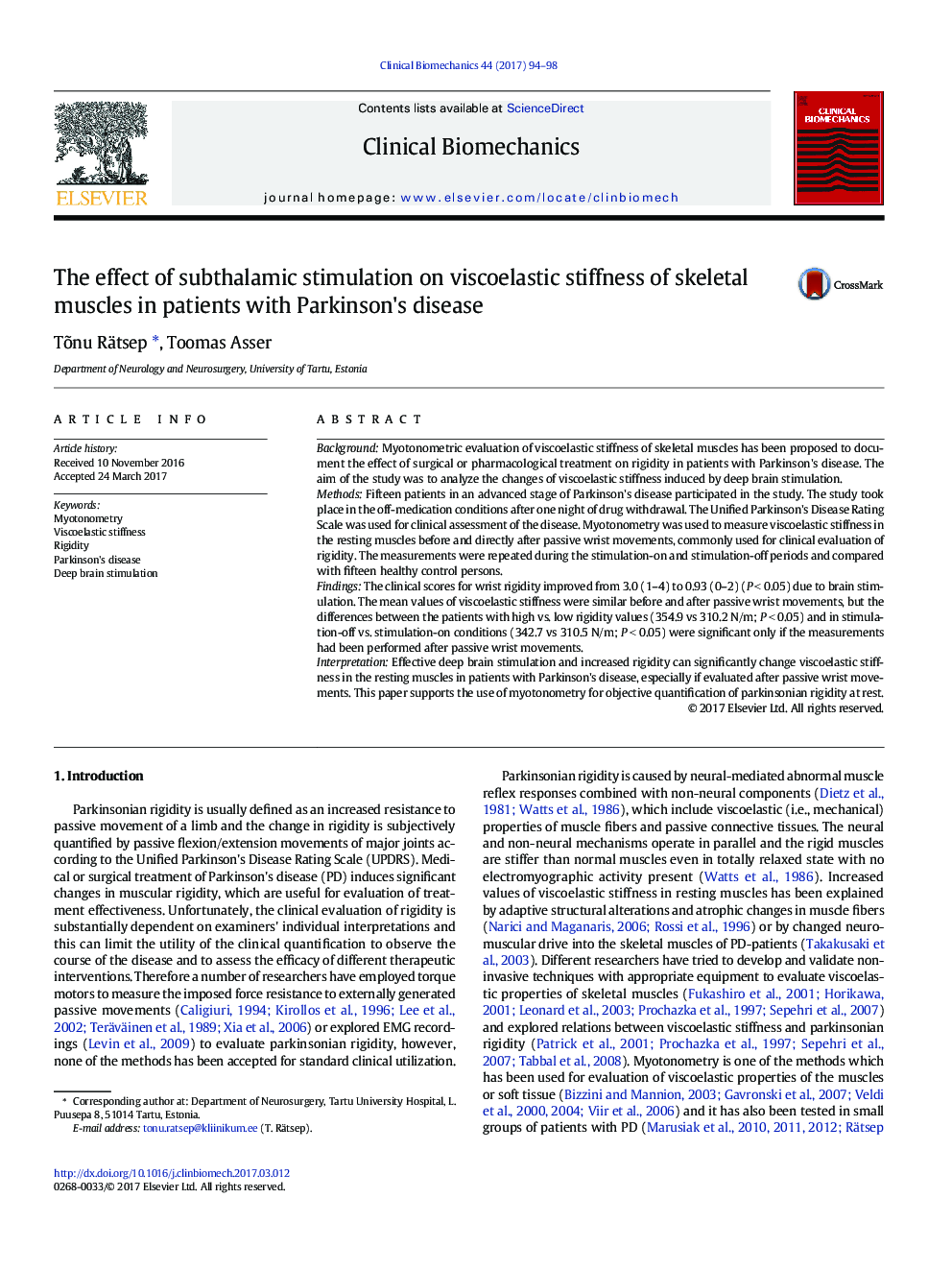 The effect of subthalamic stimulation on viscoelastic stiffness of skeletal muscles in patients with Parkinson's disease