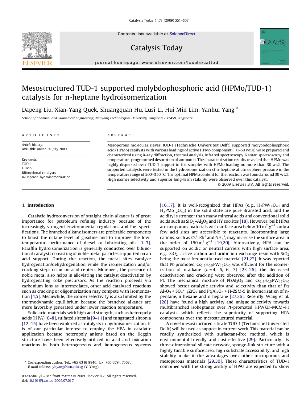 Mesostructured TUD-1 supported molybdophosphoric acid (HPMo/TUD-1) catalysts for n-heptane hydroisomerization