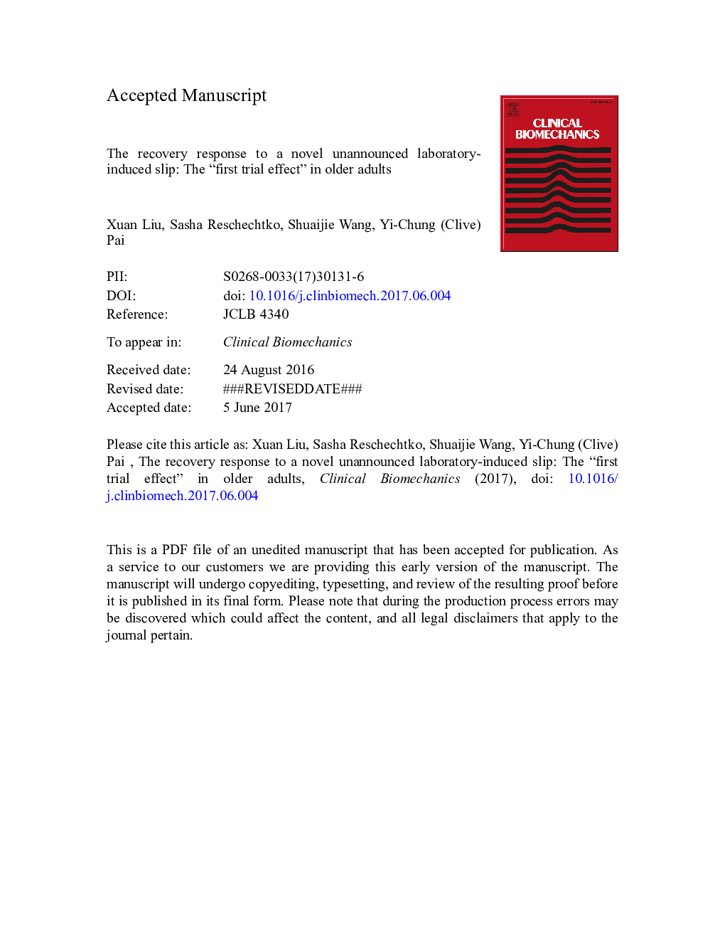 The recovery response to a novel unannounced laboratory-induced slip: The “first trial effect” in older adults